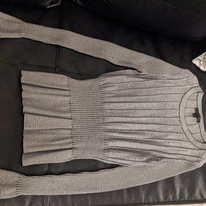 grey striped sweater with ruffled sleeves